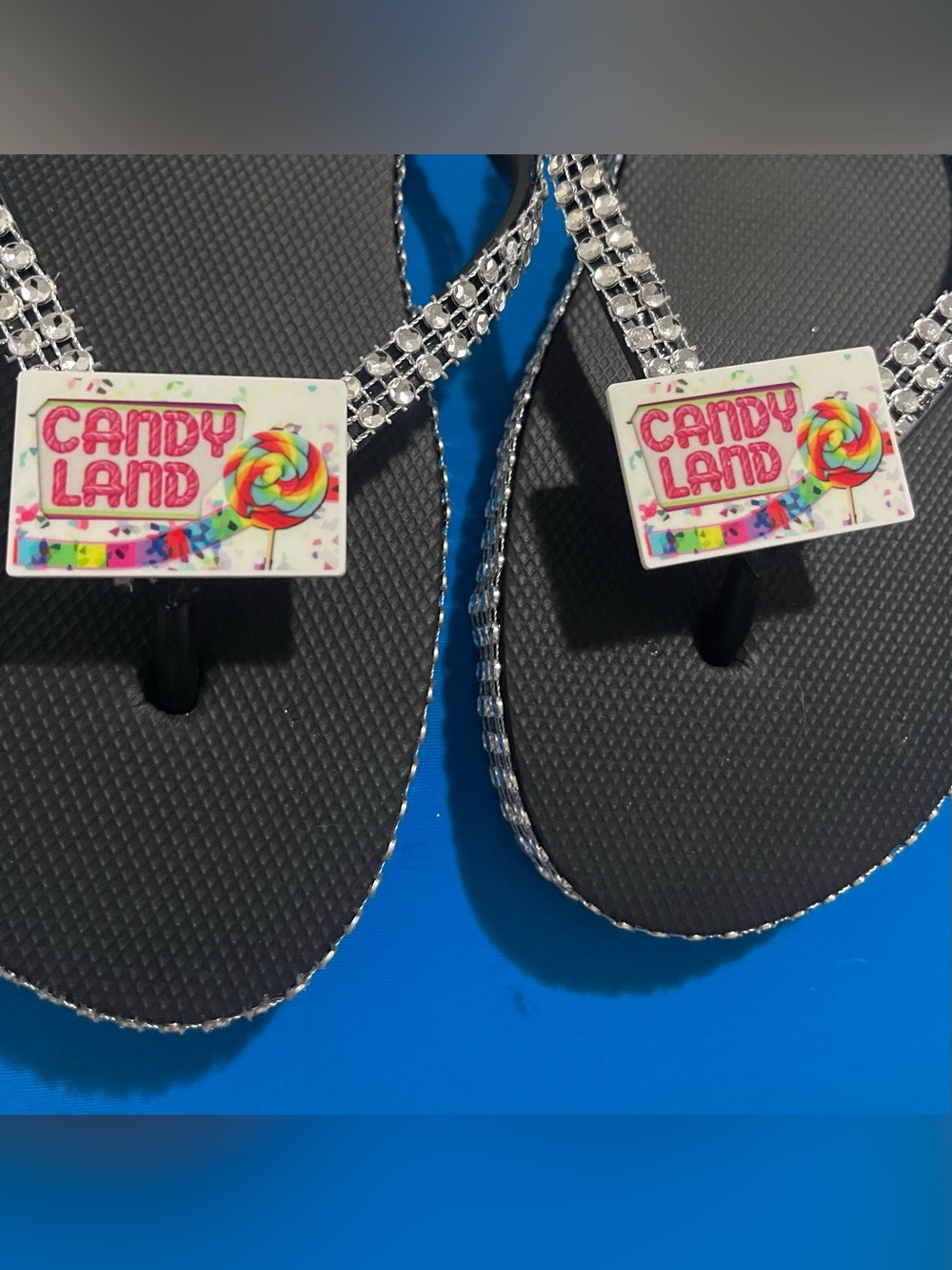 Candyland Black Rhinestone Flip Flops